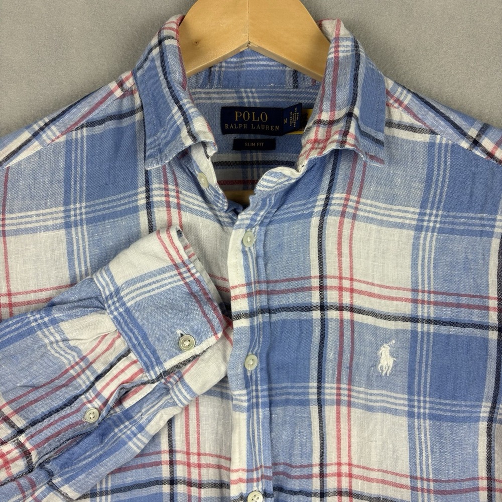 Polo Ralph Lauren Linen Shirt Men’s Medium Blue Pink Plaid Long Sleeve Slim Fit